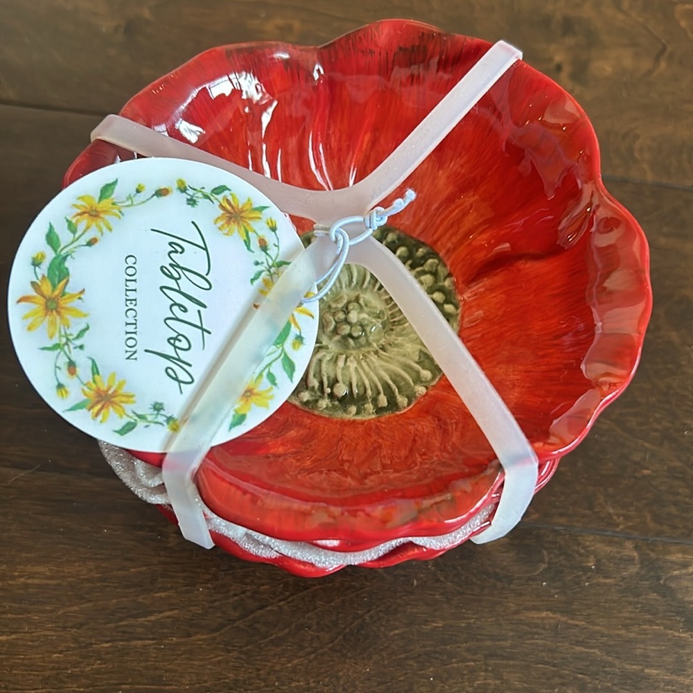 Set Of 8 Red Flower Peony Appetizer / Dessert Bowls  New Ceramic 5”